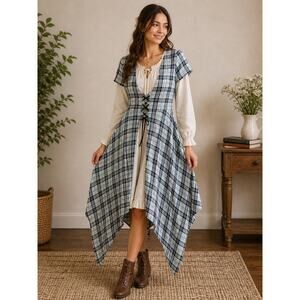 Womens Plaid Dress XL Blue Corset Lace Up Handkerchief Hem Cottagecore